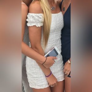 White textured off the shoulder mini dress